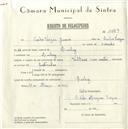 Registo de velocípede de marca Voltaire com motor, com o nº 5689, em nome de Carlos Viegas Júnior, morador em Queluz.