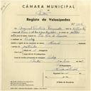 Registo de velocípede de marca Nacional, com o nº 3956, em nome de Manuel Caetano Fernandes, morador em Queluz.