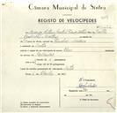 Registo de velocípede de marca Elios, com o nº 9252, em nome de Rodrigo António Perestrelo França Martins, morador em Sintra.