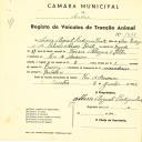 Registo de um veiculo de duas rodas tirado por um animal de espécie asinina destinado a transporte de mercadorias em nome de Maria Augusta Rodrigues Baeta, moradora em Rio de Mouro.