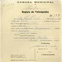 Registo de velocípede com o nº 574, em nome de Artur Santos Vinte, morador em Queluz.