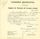 Registo de um veiculo de duas rodas tirado por dois animais de espécie muar destinado a transporte de mercadorias em nome de Manuel de Jesus Abobora, morador na Idanha.