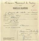 Registo de velocípede com o nº 6898, em nome de Joaquim dos Santos, morador em Albarraque.