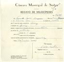 Registo de velocípede reconstruido, com o nº 9488, em nome de Fernando Tomé Marques, morador em Queluz.