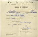 Registo de velocípede de marca Oriental, com o nº 8416, em nome de Manuel Alves, morador em Casal do Pelão, Albarraque.
