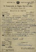 Boletim de óbito de Charles Bruce Baker, morador na Quinta Madre Deus, Sintra, sepultado no coval nº 7692, do cemitério de S. Marçal.