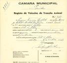 Registo de um veiculo de duas rodas tirado por um animal de espécie asinina destinado a transporte de mercadorias em nome de Eugénio Francisco Dictils , morador em Vale de Lobos.