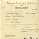 Registo de velocípede com o nº 5849, em nome de Pedro Tomás Paulo, morador em Praia das Maçãs.