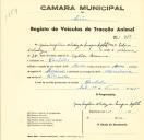 Registo de um veiculo de duas rodas tirado por um animal de espécie asinina destinado a transporte de mercadorias em nome de Maria Angélica Sampaio Batista, morador em Ranholas.