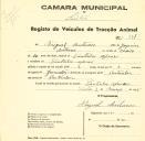 Registo de um veiculo de duas rodas tirado por dois animais de espécie asinina destinado a transporte de mercadorias em nome de Miguel Antunes, morador no Coutinho Afonso.