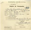 Registo de velocípede com o nº 3120, em nome de Demetria Lemos de Carvalho, moradora em Mem Martins.