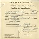 Registo de velocípede de marca Nacional, com o nº 4005, em nome de António Vicente Fidalgo, morador em Magoito.