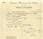 Registo de velocípede de marca Ilo, com o nº 9856, em nome de Sabino Laranjo de Carvalho, morador em Praia das Maçãs.