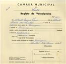 Registo de velocípede com o nº 3653, em nome de Alberto Inácio Pires, morador em Terrugem.
