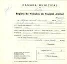 Registo de um veiculo de duas rodas tirado por dois animais de espécie bovina destinado a transporte de mercadorias em nome de Alfredo Duarte Lavrador, morador em Cabriz.