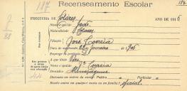 Recenseamento escolar de José Correia, filho de José Correia, morador em Almoçageme.