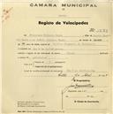 Registo de velocípede de marca Flecha, com o nº 1579, em nome de Francisco Caldeira Rocha, morador em Rua 9 de Abril, Queluz.