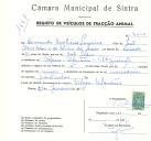 Registo de um veiculo de duas rodas tirado por um animal de espécie muar destinado a transporte de mercadorias em nome de Armando Ambrósio Loureiro, morador em Mem Martins, Algueirão.