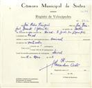 Registo de velocípede de marca Nacional, com o nº 8916, em nome de José Pedro Pimpão, morador em Seixal.