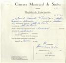 Registo de velocípede de marca Nacional, com o nº 8732, em nome de David Carvalho Chança, morador em Alto do Penedo.