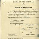 Registo de velocípede de marca Sterling, com o nº 2073, em nome de Eugénio Fernandes Alvarões, morador em Sintra.