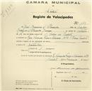 Registo de velocípede com o nº 349, em nome de José Maurício d'Almeida, morador na Rua Visconde Faro e Oliveira nº 7, S. Pedro de Sintra.