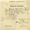 Registo de velocípede com o nº 1872, em nome de Joaquim Ramos, morador em Quinta da Piedade, Sintra.