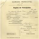 Registo de velocípede de marca Special, com o nº 1345, em nome de Pedro Tomás Paulo, morador em Praia das Maçãs.