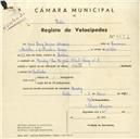Registo de velocípede de marca Seta, com o nº 4557, em nome de José Luís Lopes Madeira, morador em Rua Dr. José Alberto Ferraz nº 2, Queluz.