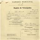 Registo de velocípede com o nº 1303, em nome de Delvino Caetano Barra, morador em Lameiras.