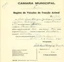 Registo de um veiculo de duas rodas tirado por dois animais de espécie bovina destinado a transporte de mercadorias em nome de Carlos Manuel Rodrigues Zenida, morador em Campo Raso.