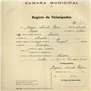 Registo de velocípede de marca Peugeot, com o nº 408, em nome de Joaquim Manuel Roque, morador em Maceira.