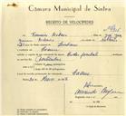 Registo de velocípede de marca Cicles Pombal, com o nº 9905, em nome de Francisco Ribeiro, morador em Cacém.