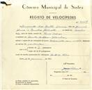 Registo de velocípede de marca Cinal Pachancho com o nº 9687, em nome de Fernando dos Santos Nunes, morador em Dente-de-Alho.