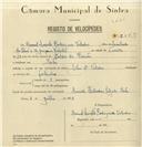 Registo de velocípede de marca Artur & Valadas, com o nº 8049, em nome de Manuel Aniceto Rodrigues Valadas, morador em Sintra.
