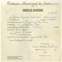 Registo de velocípede de marca Union, com o nº 4916, em nome de Luís Morais Caetano, morador em Azenhas do Mar.