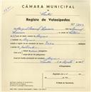 Registo de velocípede de marca Deka, com o nº 3773, em nome de Miguel Manuel L., morador em Negrais.
