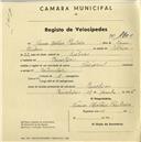 Registo de velocípede de marca Nacional, com o nº 1900, em nome de Nuno Martim Pinheiro, morador em Rinchoa.