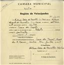 Registo de velocípede de marca Saltley, com o nº 2049, em nome de António João de Freitas Ribeiro Ferreira Ramos, morador em S. Pedro de Sintra.