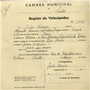 Registo de velocípede de marca Flecha, com o nº 1584, em nome de João Nunes, morador em Colares.