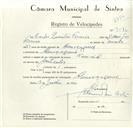 Registo de velocípede de marca Nacional, com o nº 9076, em nome de Carlos Quintino Ferreira, morador em Almoçageme.