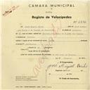 Registo de velocípede de marca União, com o nº 2890, em nome de José Miguel Bicho, morador em Gouveia.