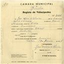 Registo de velocípede de marca Smart, com o nº 2833, em nome de José Mora d'Oliveira, morador em Lameiras.
