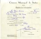 Registo de velocípede de marca Olga, com o nº 8848, em nome de José Maria Oliveira, morador em Sabugo.