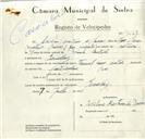 Registo de velocípede de marca Famel, com o nº 9065, em nome de Adelino Martins de Barros, morador em Queluz.