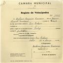 Registo de velocípede com o nº 1476, em nome de António Joaquim Laureano, morador em Pero Pinheiro.