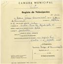 Registo de velocípede de marca Helios, com o nº 2060, em nome de Maria Teresa Anunciação, moradora em Rua Dr. Alfredo Costa, Sintra.