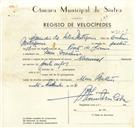 Registo de velocípede de marca Nacional, com o nº 9309, em nome de Amândio da Silva Motagenio, morador em Mem Martins.