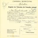 Registo de um veiculo de duas rodas tirado por um animal de espécie asinina destinado a transporte de mercadorias em nome de José Vicente Duarte, morador no Cabeço da Bezerra.