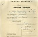 Registo de velocípede de marca Oriental, com o nº 330, em nome de Valério Gonçalves Dias, morador em Almoçageme.